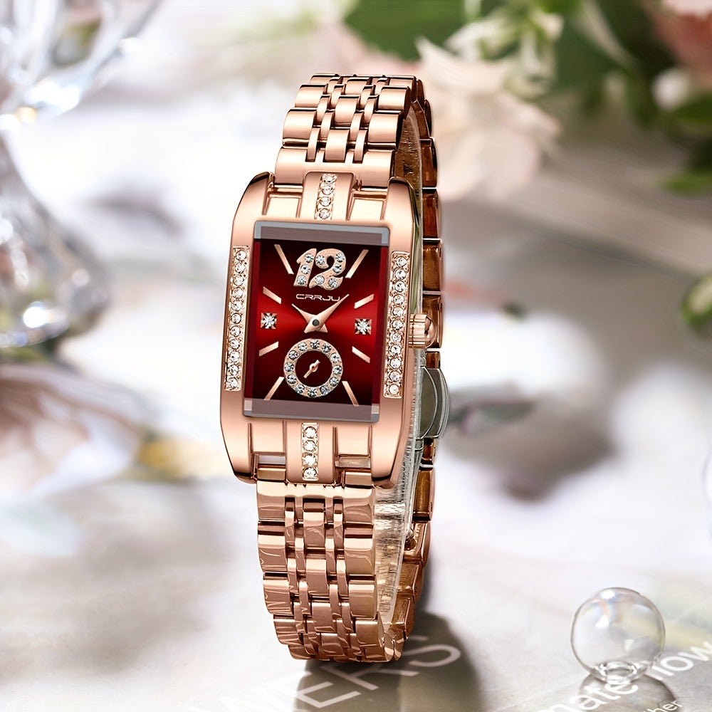 Stainless Steel Women's Luxury Watch, Elegant Rectangle Pointer Analog Quartz Rhinestone WR Wrist Watch